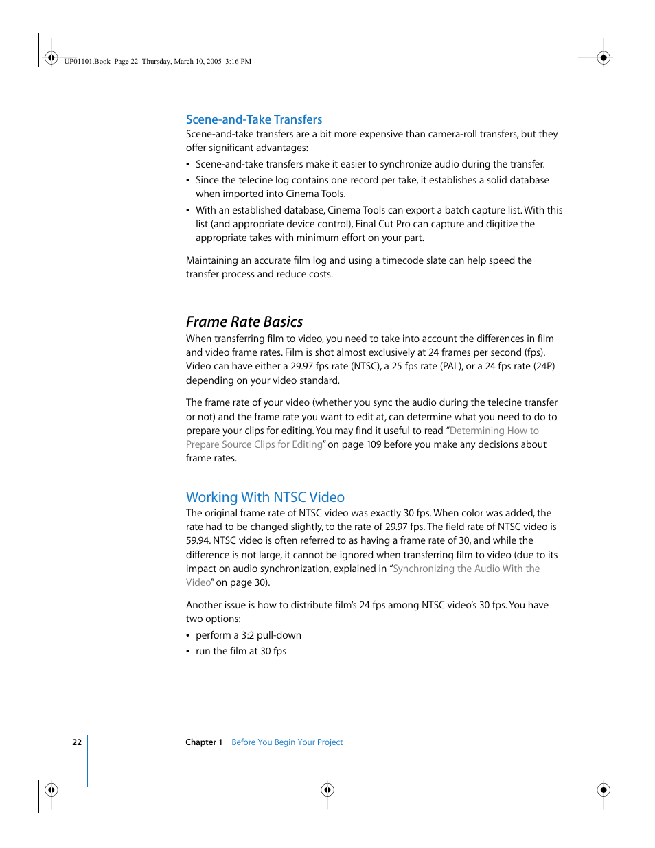 Scene-and-take transfers, Frame rate basics, Working with ntsc video | Apple Cinema Tools 3 User Manual | Page 22 / 235