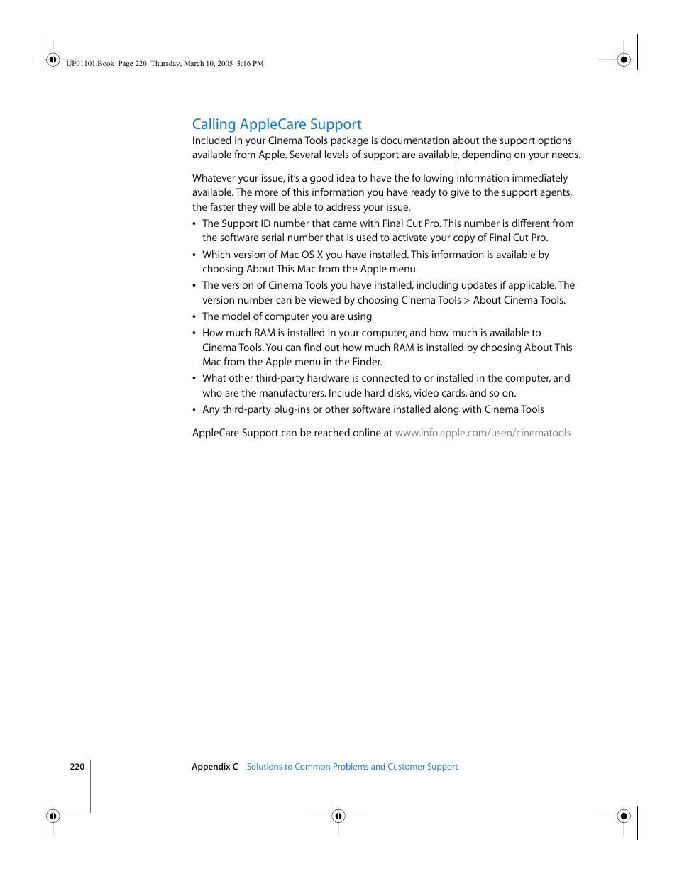 Calling applecare support | Apple Cinema Tools 3 User Manual | Page 220 / 235