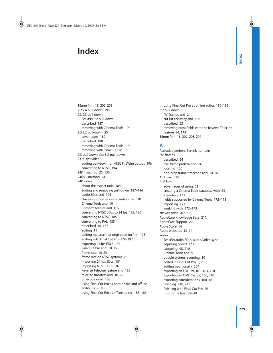 Index | Apple Cinema Tools 3 User Manual | Page 229 / 235