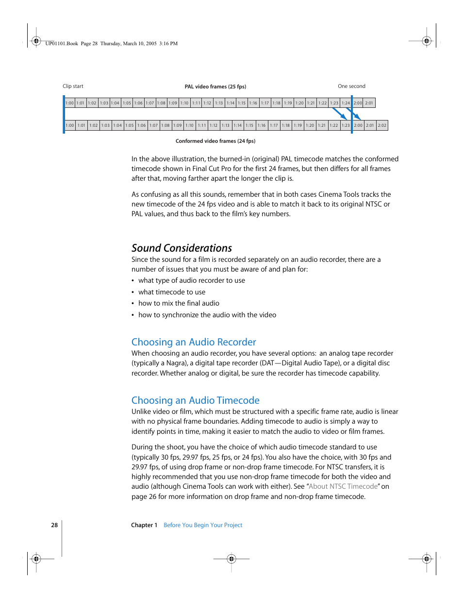 Sound considerations, Choosing an audio recorder, Choosing an audio timecode | Apple Cinema Tools 3 User Manual | Page 28 / 235