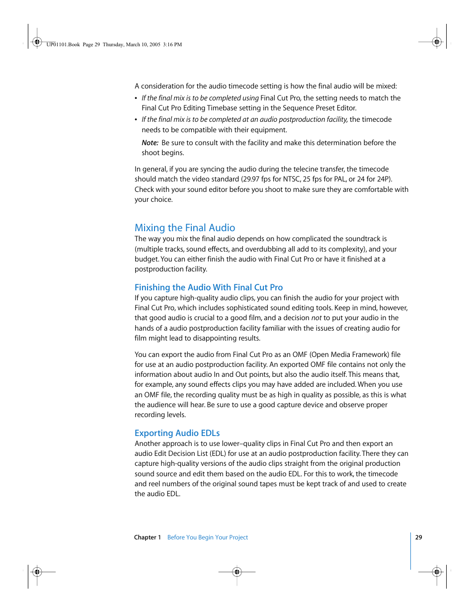 Mixing the final audio, Finishing the audio with final cut pro, Exporting audio edls | Apple Cinema Tools 3 User Manual | Page 29 / 235