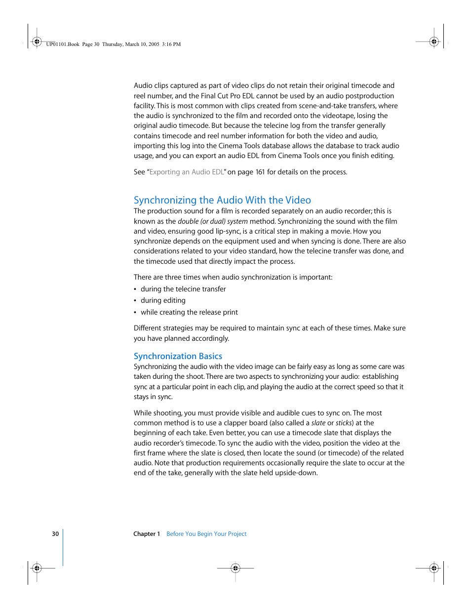 Synchronizing the audio with the video, Synchronization basics, Explained in | Synchronizing the audio with the, Video, 98 fps—see | Apple Cinema Tools 3 User Manual | Page 30 / 235