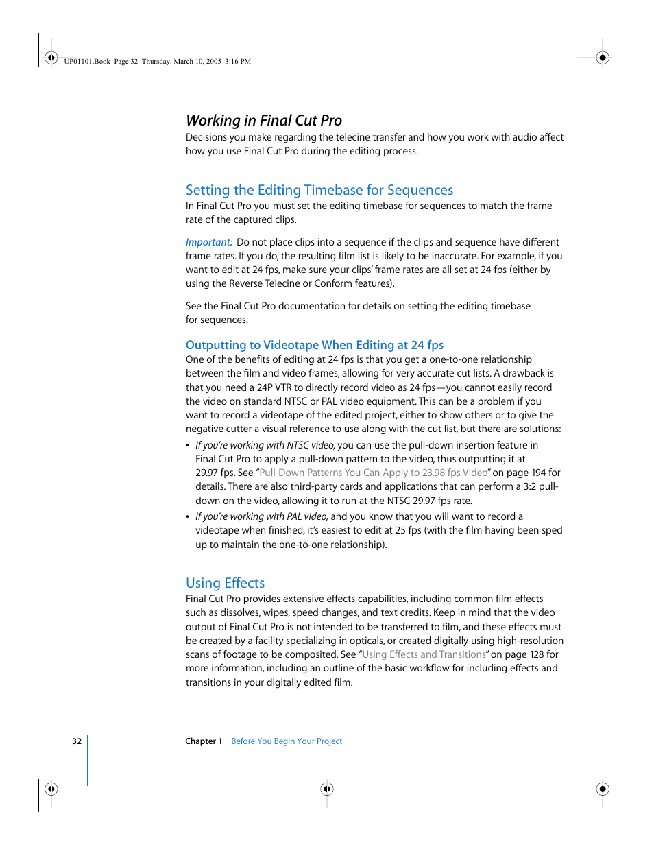 Working in final cut pro, Setting the editing timebase for sequences, Outputting to videotape when editing at 24 fps | Using effects | Apple Cinema Tools 3 User Manual | Page 32 / 235