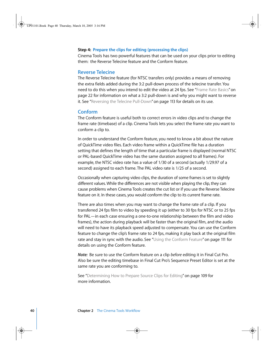 Reverse telecine, Conform | Apple Cinema Tools 3 User Manual | Page 40 / 235