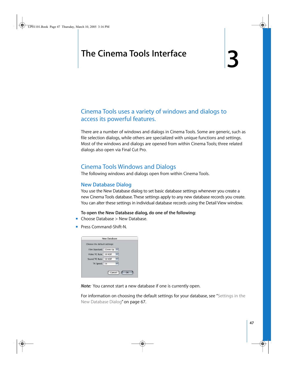 The cinema tools interface, Cinema tools windows and dialogs, New database dialog | Chapter 3 | Apple Cinema Tools 3 User Manual | Page 47 / 235