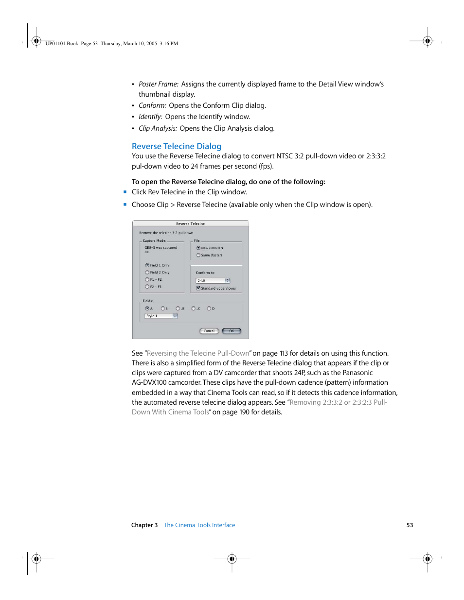 Reverse telecine dialog | Apple Cinema Tools 3 User Manual | Page 53 / 235