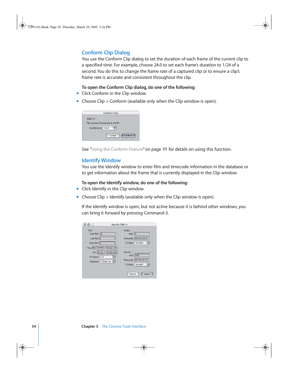 Conform clip dialog, Identify window | Apple Cinema Tools 3 User Manual | Page 54 / 235