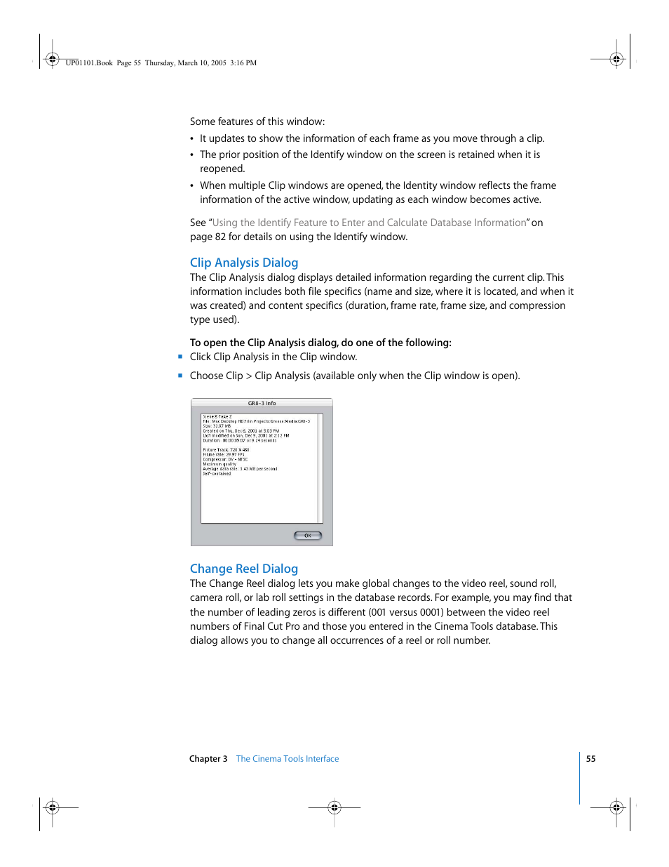 Clip analysis dialog, Change reel dialog | Apple Cinema Tools 3 User Manual | Page 55 / 235