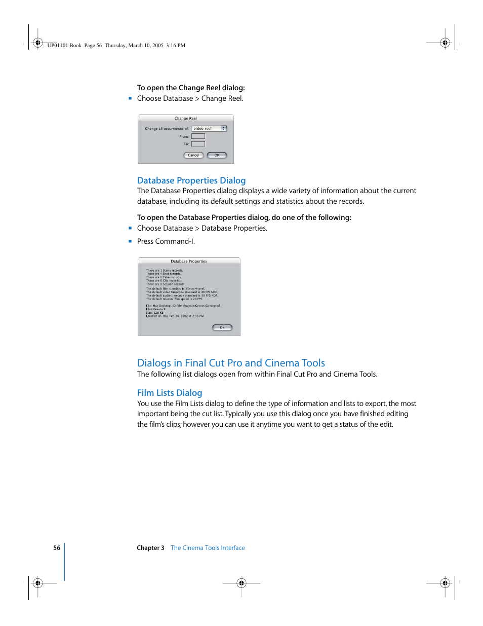 Database properties dialog, Dialogs in final cut pro and cinema tools, Film lists dialog | Apple Cinema Tools 3 User Manual | Page 56 / 235