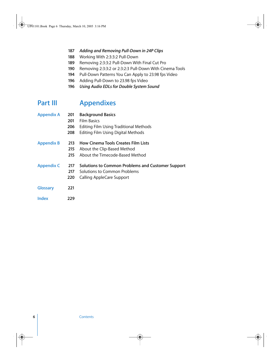 Part iii appendixes | Apple Cinema Tools 3 User Manual | Page 6 / 235