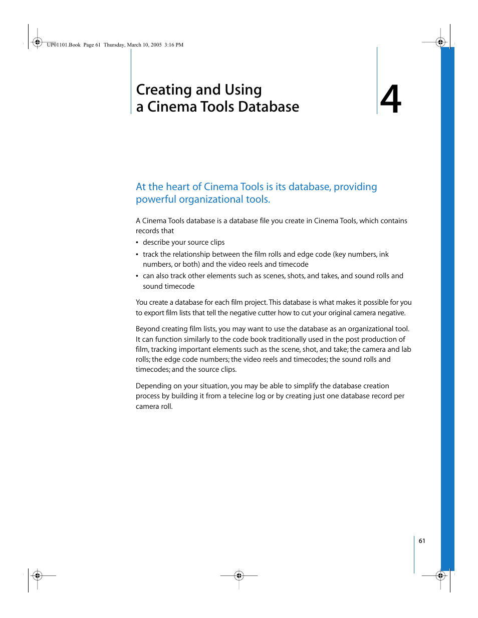 Creating and using a cinema tools database, Chapter 4 | Apple Cinema Tools 3 User Manual | Page 61 / 235