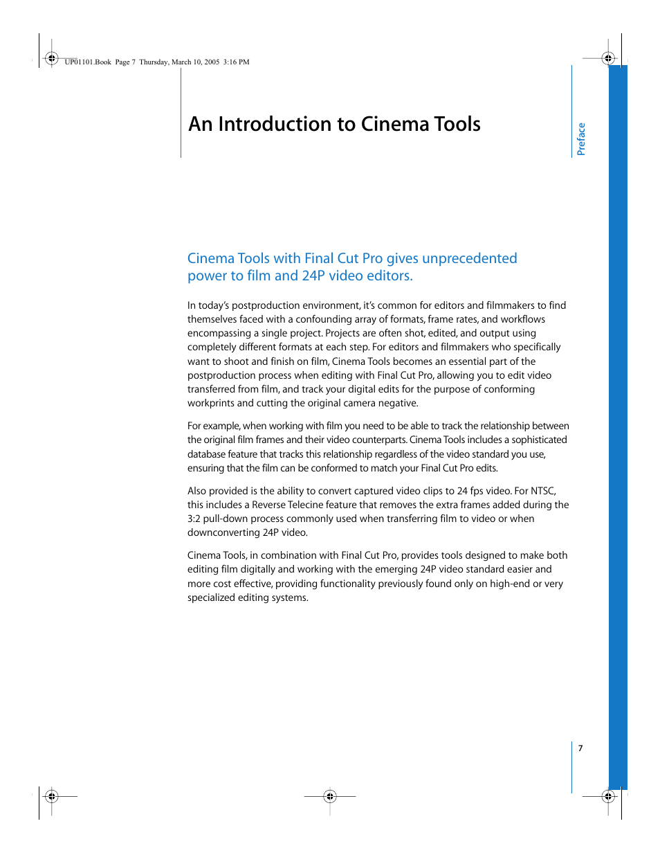An introduction to cinema tools, Preface | Apple Cinema Tools 3 User Manual | Page 7 / 235
