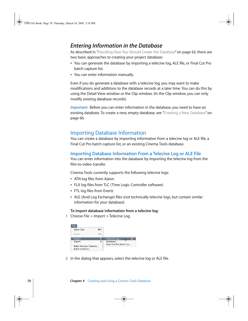 Entering information in the database, Importing database information | Apple Cinema Tools 3 User Manual | Page 70 / 235
