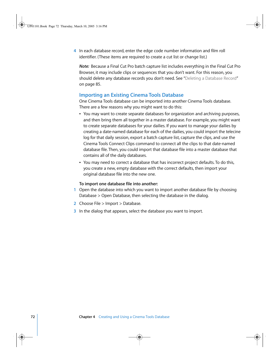 Importing an existing cinema tools database | Apple Cinema Tools 3 User Manual | Page 72 / 235