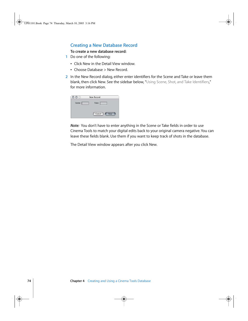 Creating a new database record | Apple Cinema Tools 3 User Manual | Page 74 / 235