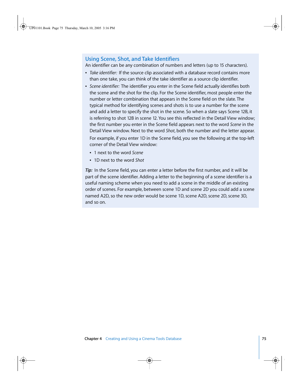Using scene, shot, and take identifiers | Apple Cinema Tools 3 User Manual | Page 75 / 235