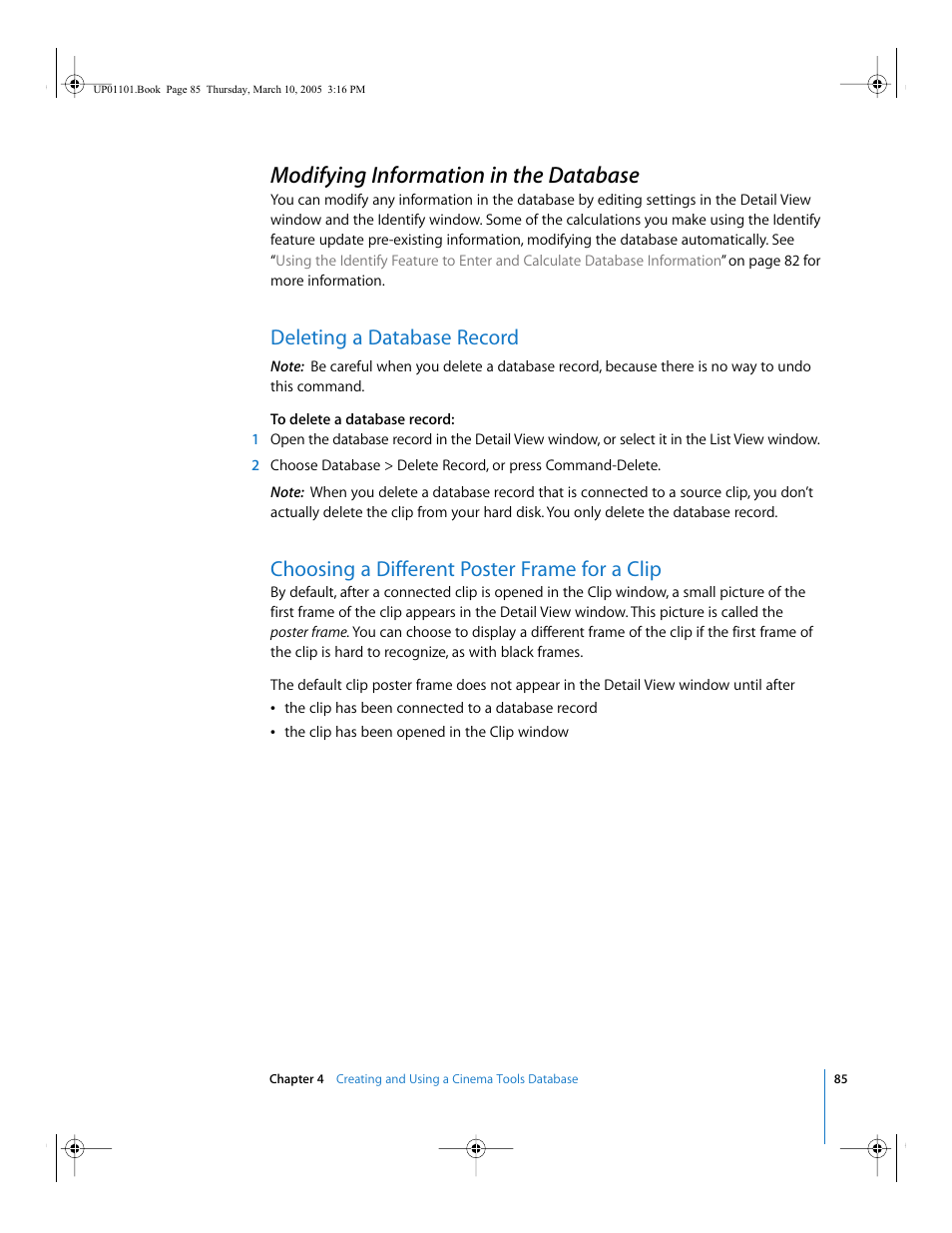 Modifying information in the database, Deleting a database record, Choosing a different poster frame for a clip | Apple Cinema Tools 3 User Manual | Page 85 / 235