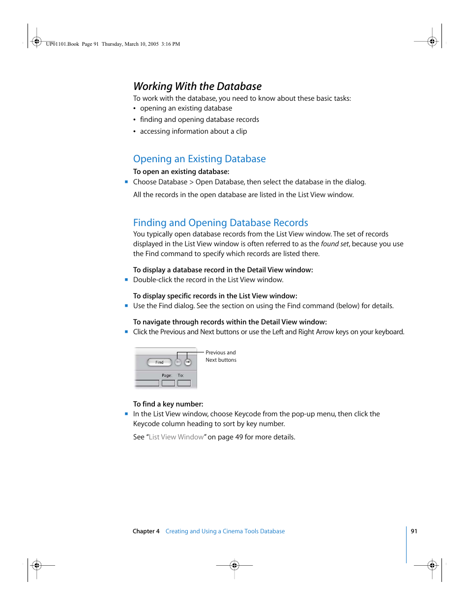 Working with the database, Opening an existing database, Finding and opening database records | Apple Cinema Tools 3 User Manual | Page 91 / 235