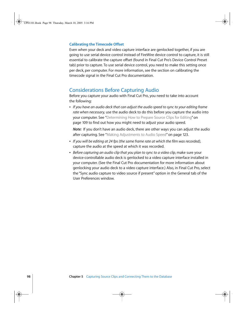 Considerations before capturing audio | Apple Cinema Tools 3 User Manual | Page 98 / 235