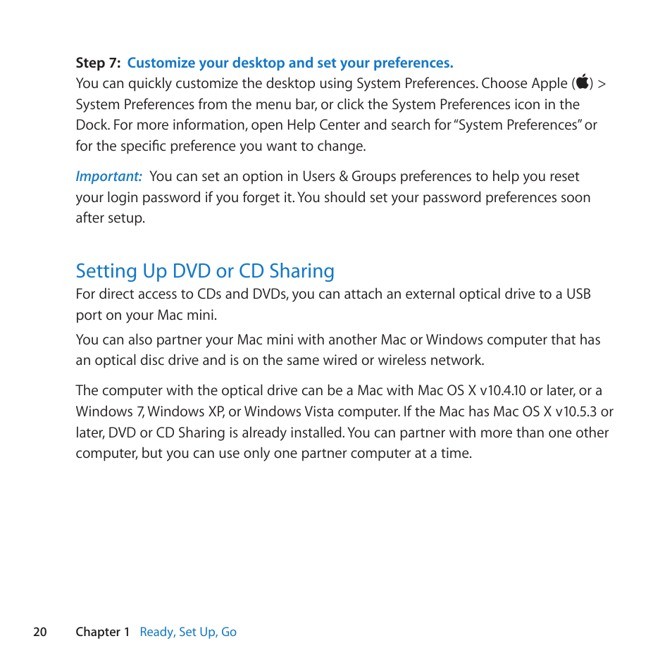 Setting up dvd or cd sharing, 20 setting up dvd or cd sharing | Apple Mac mini (Mid 2011) User Manual | Page 20 / 84