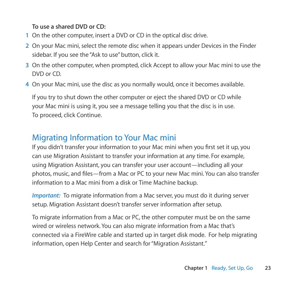 Migrating information to your mac mini, 23 migrating information to your mac mini | Apple Mac mini (Mid 2011) User Manual | Page 23 / 84