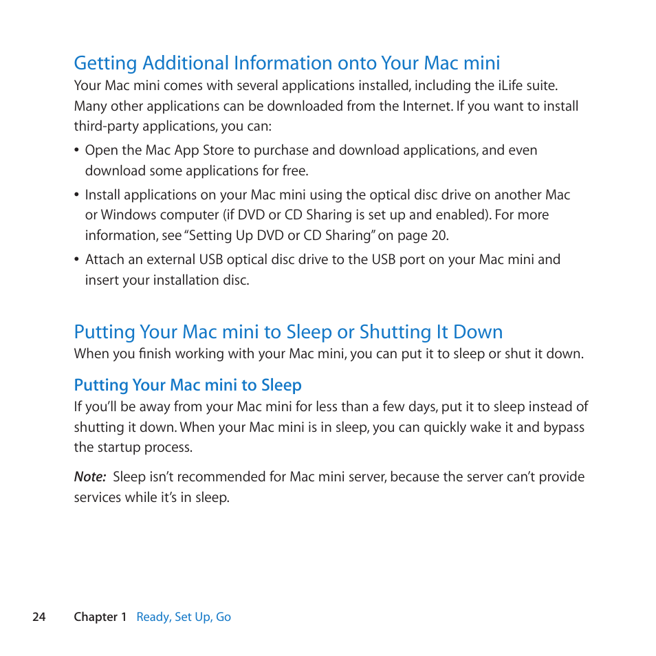 Getting additional information onto your mac mini, Putting your mac mini to sleep or shutting it down | Apple Mac mini (Mid 2011) User Manual | Page 24 / 84