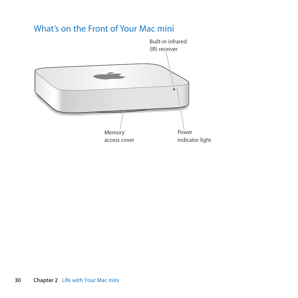 What’s on the front of your mac mini, 30 what’s on the front of your mac mini | Apple Mac mini (Mid 2011) User Manual | Page 30 / 84