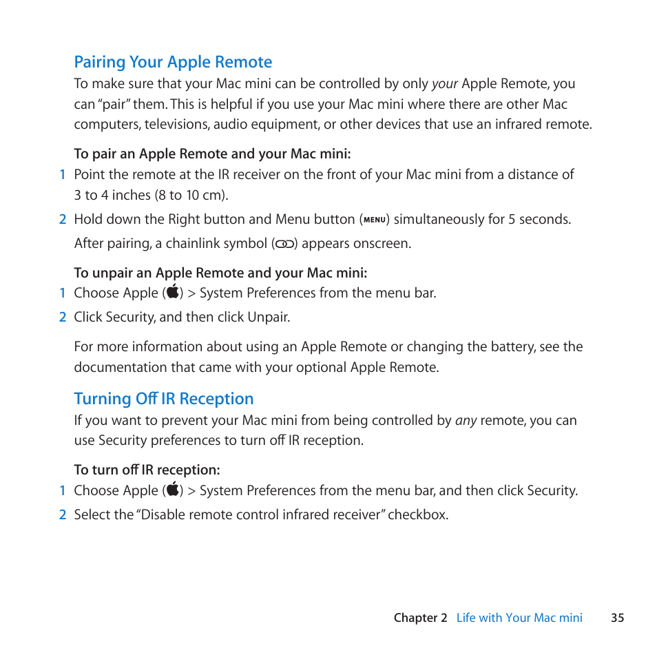 Pairing your apple remote, Turning off ir reception | Apple Mac mini (Mid 2011) User Manual | Page 35 / 84