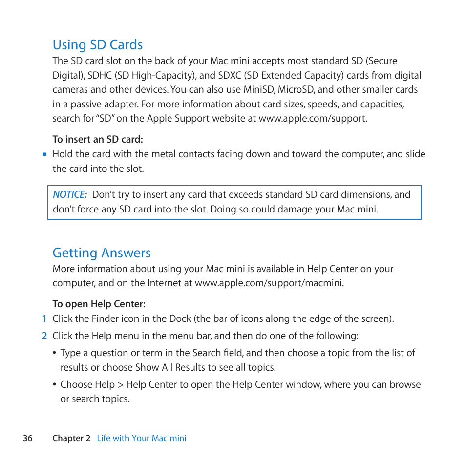 Using sd cards, Getting answers, 36 using sd cards 36 getting answers | Apple Mac mini (Mid 2011) User Manual | Page 36 / 84