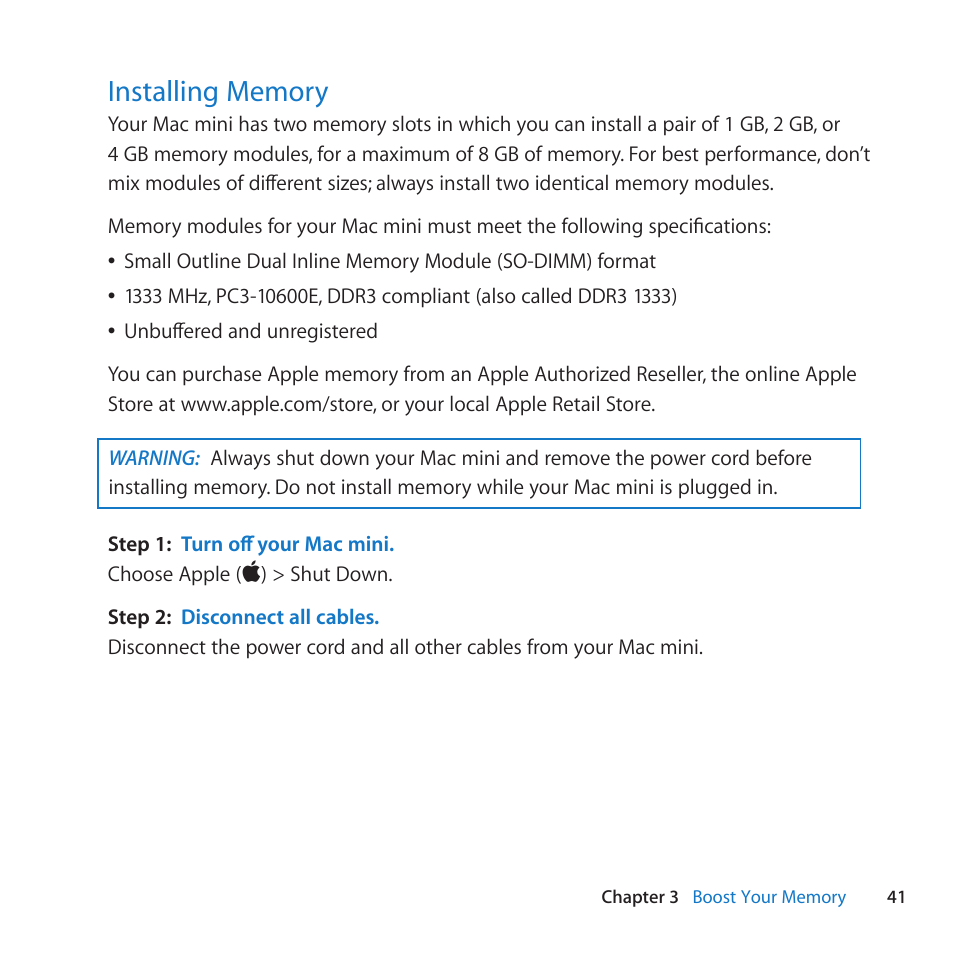 Installing memory, 41 installing memory | Apple Mac mini (Mid 2011) User Manual | Page 41 / 84