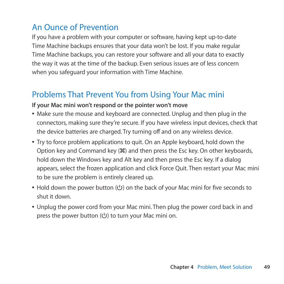 An ounce of prevention, Problems that prevent you from using your mac mini | Apple Mac mini (Mid 2011) User Manual | Page 49 / 84