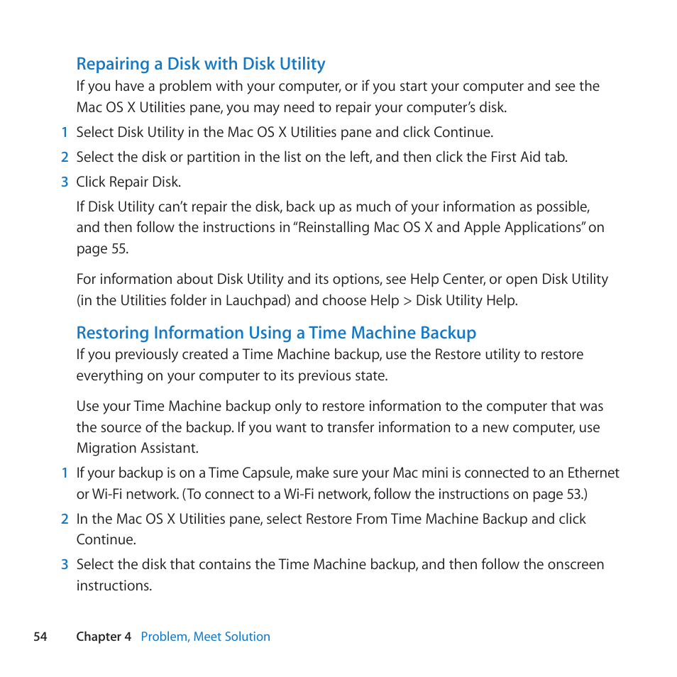 Repairing a disk with disk utility, Restoring information using a time machine backup | Apple Mac mini (Mid 2011) User Manual | Page 54 / 84