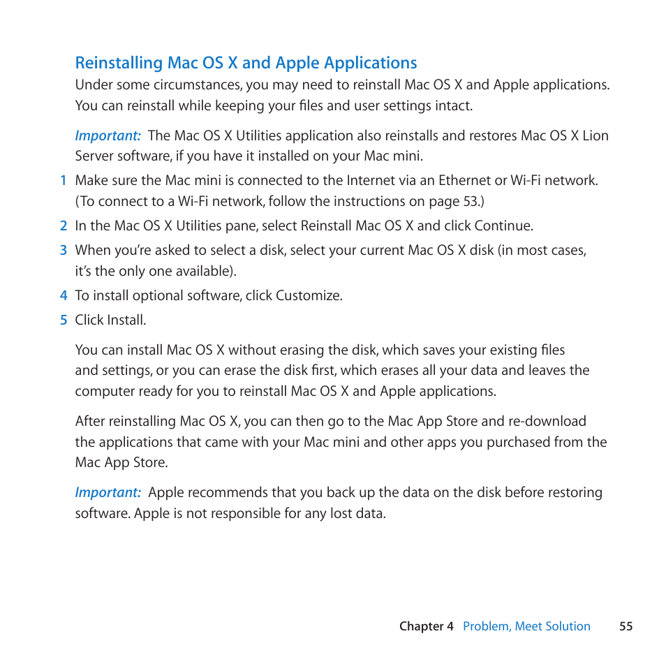 Reinstalling mac os x and apple applications | Apple Mac mini (Mid 2011) User Manual | Page 55 / 84