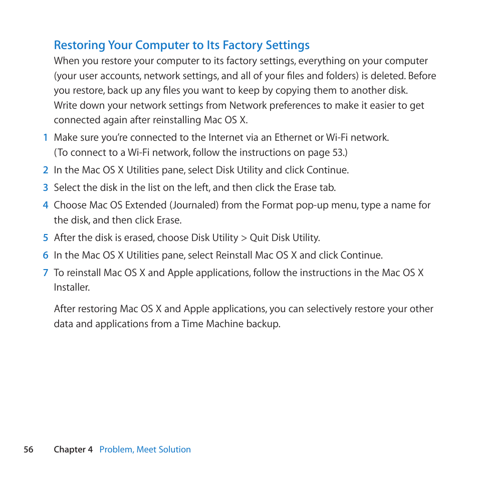 Restoring your computer to its factory settings | Apple Mac mini (Mid 2011) User Manual | Page 56 / 84