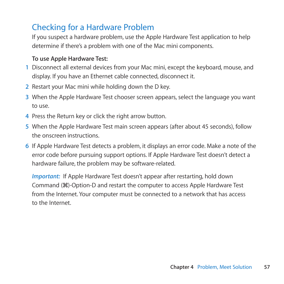 Checking for a hardware problem, 57 checking for a hardware problem | Apple Mac mini (Mid 2011) User Manual | Page 57 / 84