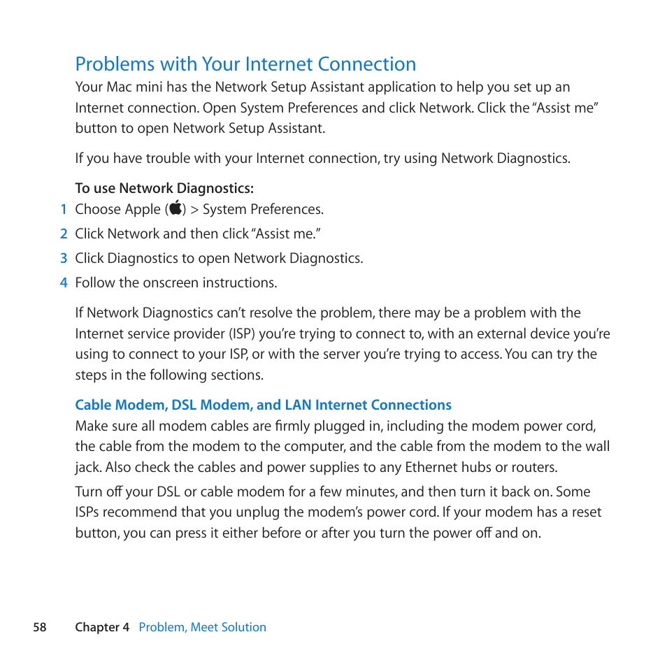 Problems with your internet connection, 58 problems with your internet connection | Apple Mac mini (Mid 2011) User Manual | Page 58 / 84