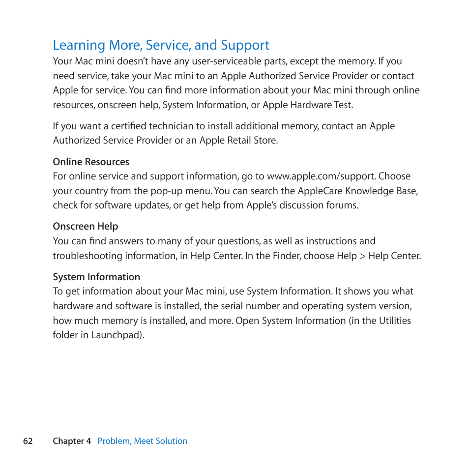 Learning more, service, and support, 62 learning more, service, and support | Apple Mac mini (Mid 2011) User Manual | Page 62 / 84