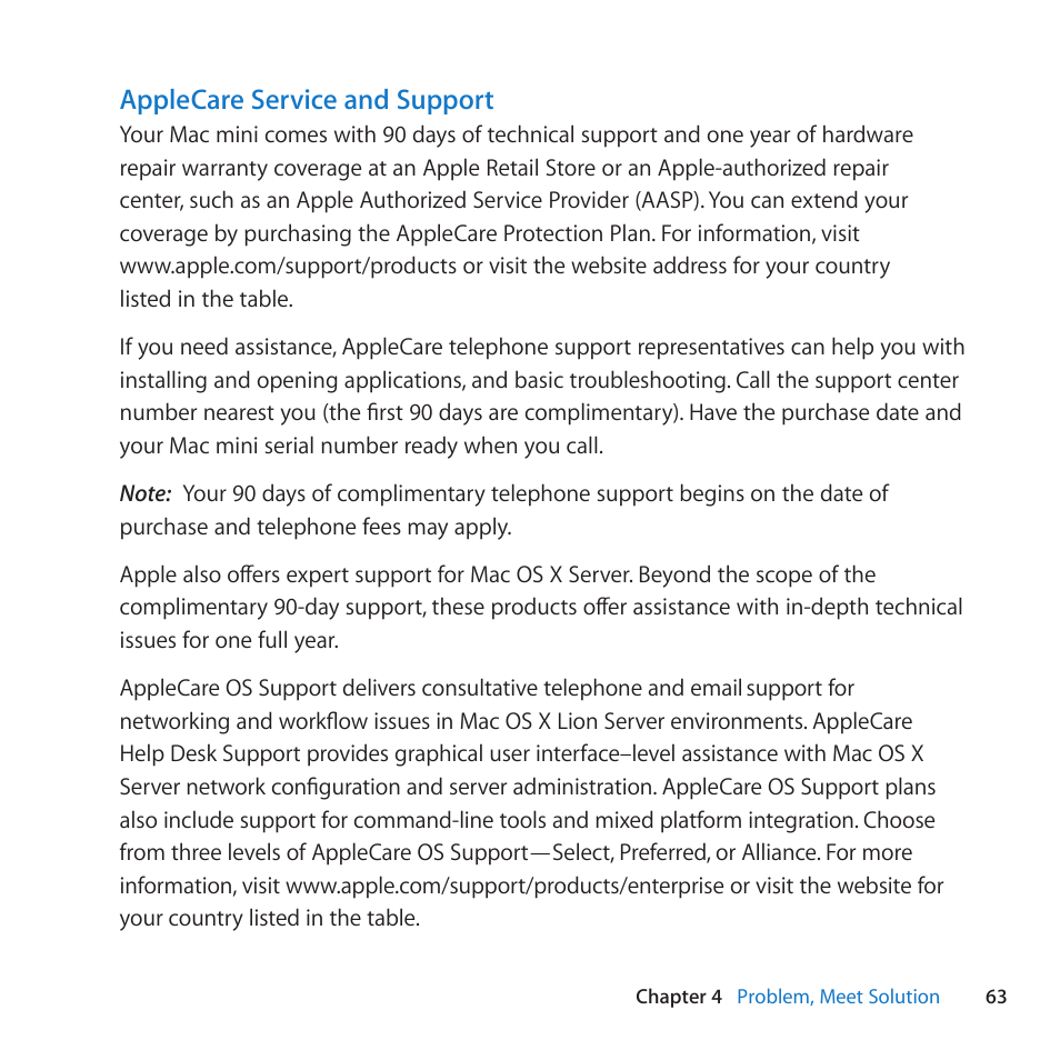 Applecare service and support | Apple Mac mini (Mid 2011) User Manual | Page 63 / 84