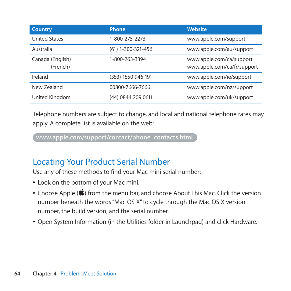 Locating your product serial number, 64 locating your product serial number | Apple Mac mini (Mid 2011) User Manual | Page 64 / 84