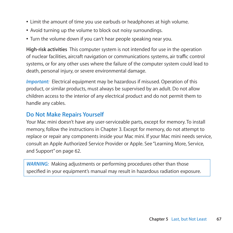 Do not make repairs yourself | Apple Mac mini (Mid 2011) User Manual | Page 67 / 84