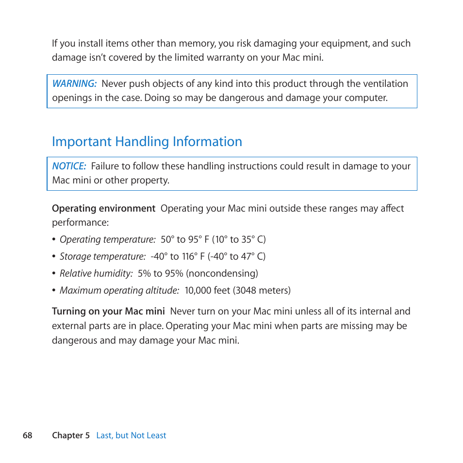 Important handling information, 68 important handling information | Apple Mac mini (Mid 2011) User Manual | Page 68 / 84