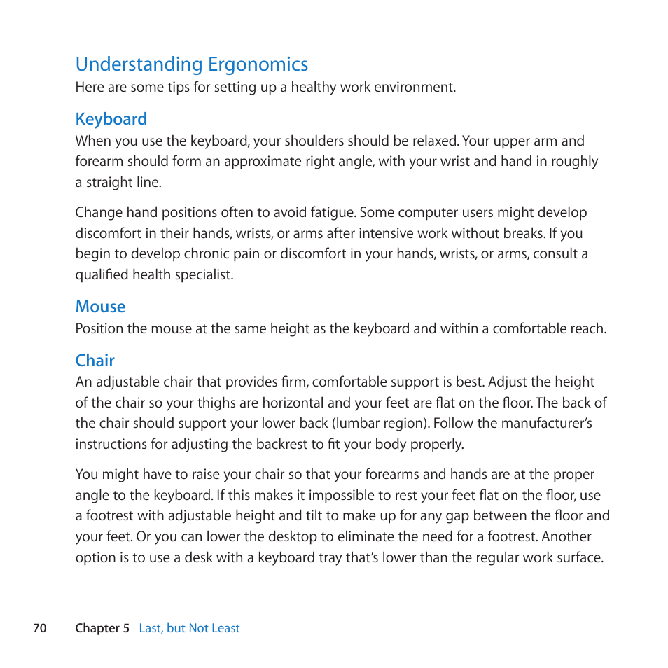 Understanding ergonomics, 70 understanding ergonomics | Apple Mac mini (Mid 2011) User Manual | Page 70 / 84