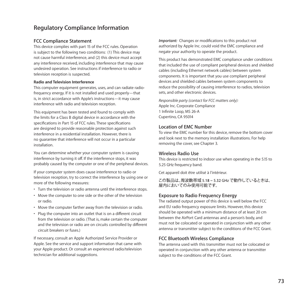 Regulatory compliance information, 73 regulatory compliance information | Apple Mac mini (Mid 2011) User Manual | Page 73 / 84