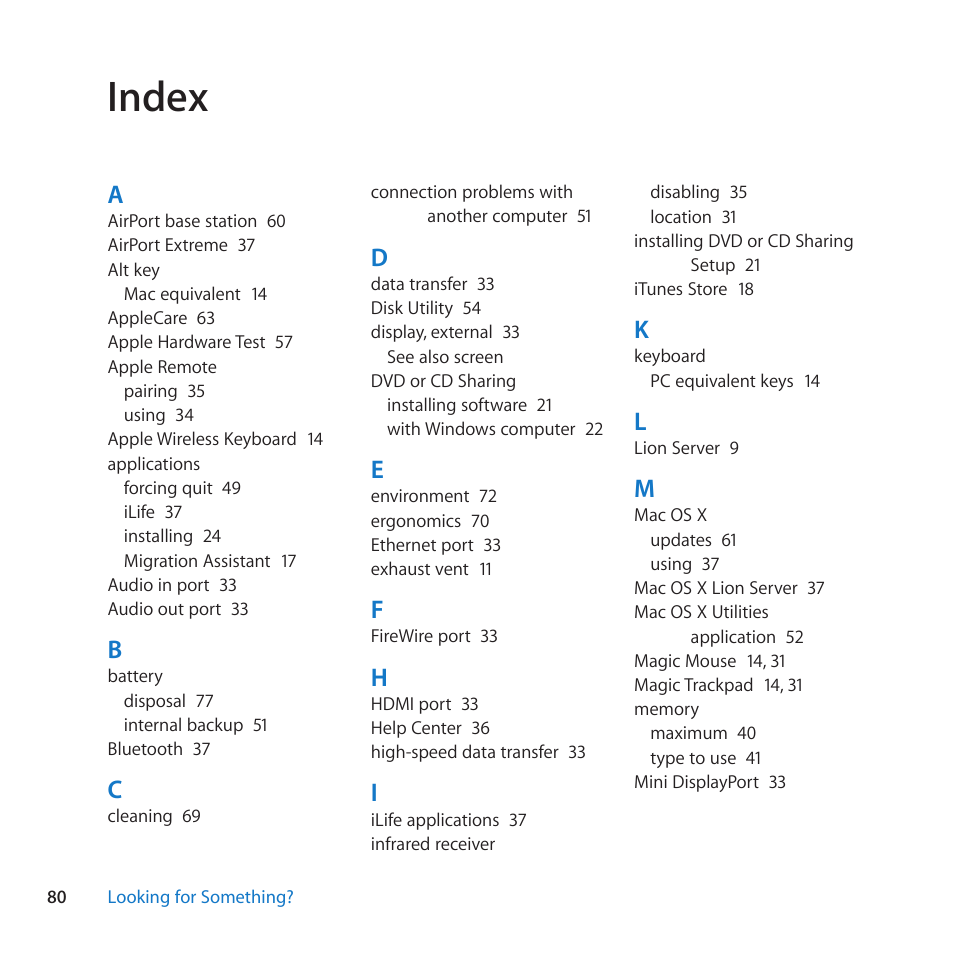 Index, 80 index | Apple Mac mini (Mid 2011) User Manual | Page 80 / 84