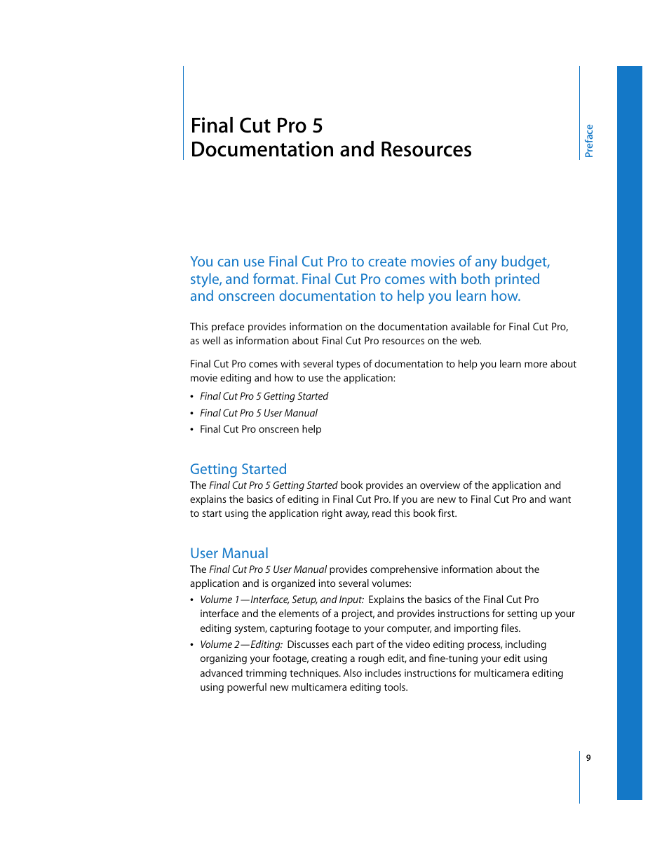 Final cut pro 5 documentation and resources, Getting started, User manual | Preface | Apple Final Cut Pro 5 User Manual | Page 10 / 1868