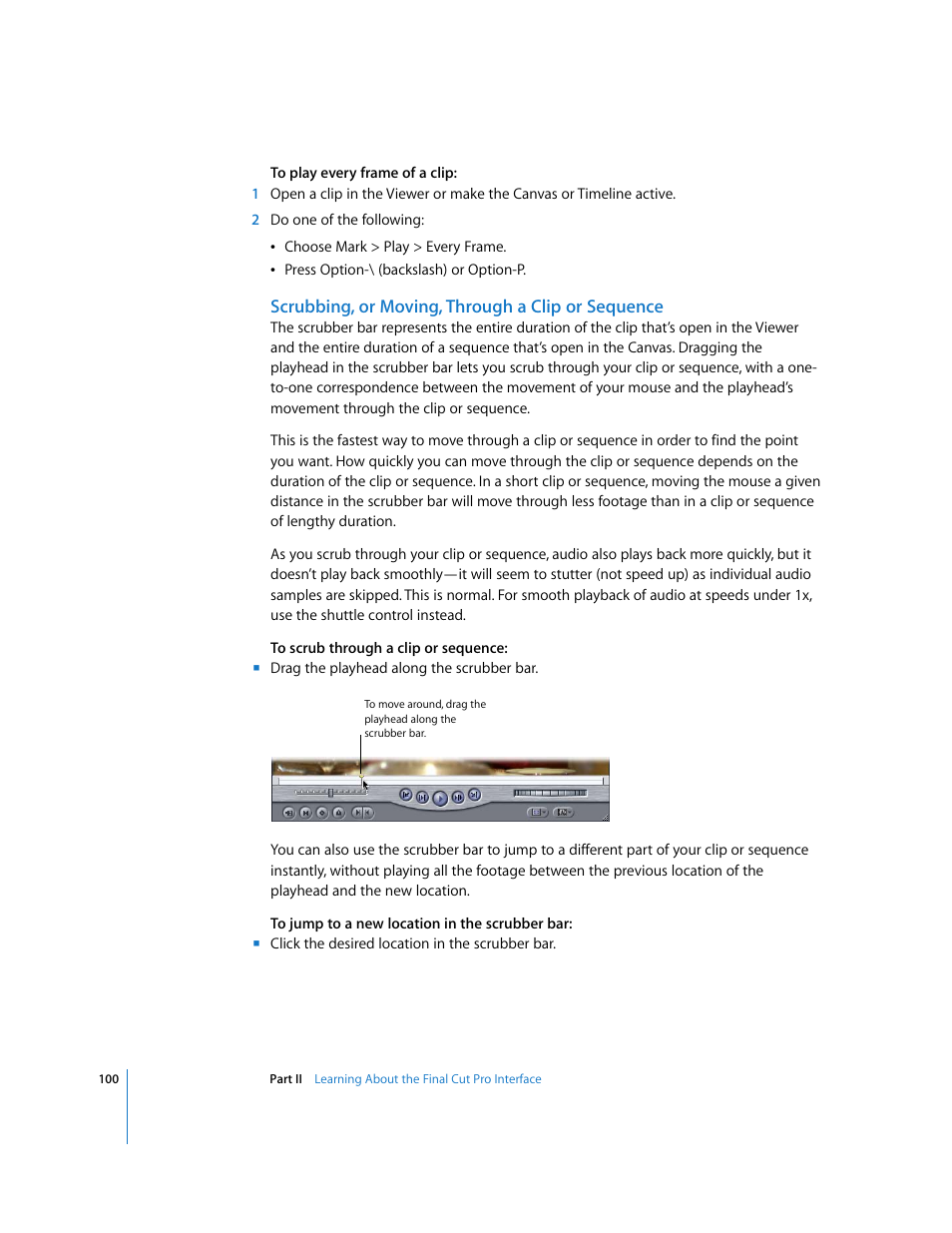 Scrubbing, or moving, through a clip or sequence | Apple Final Cut Pro 5 User Manual | Page 101 / 1868