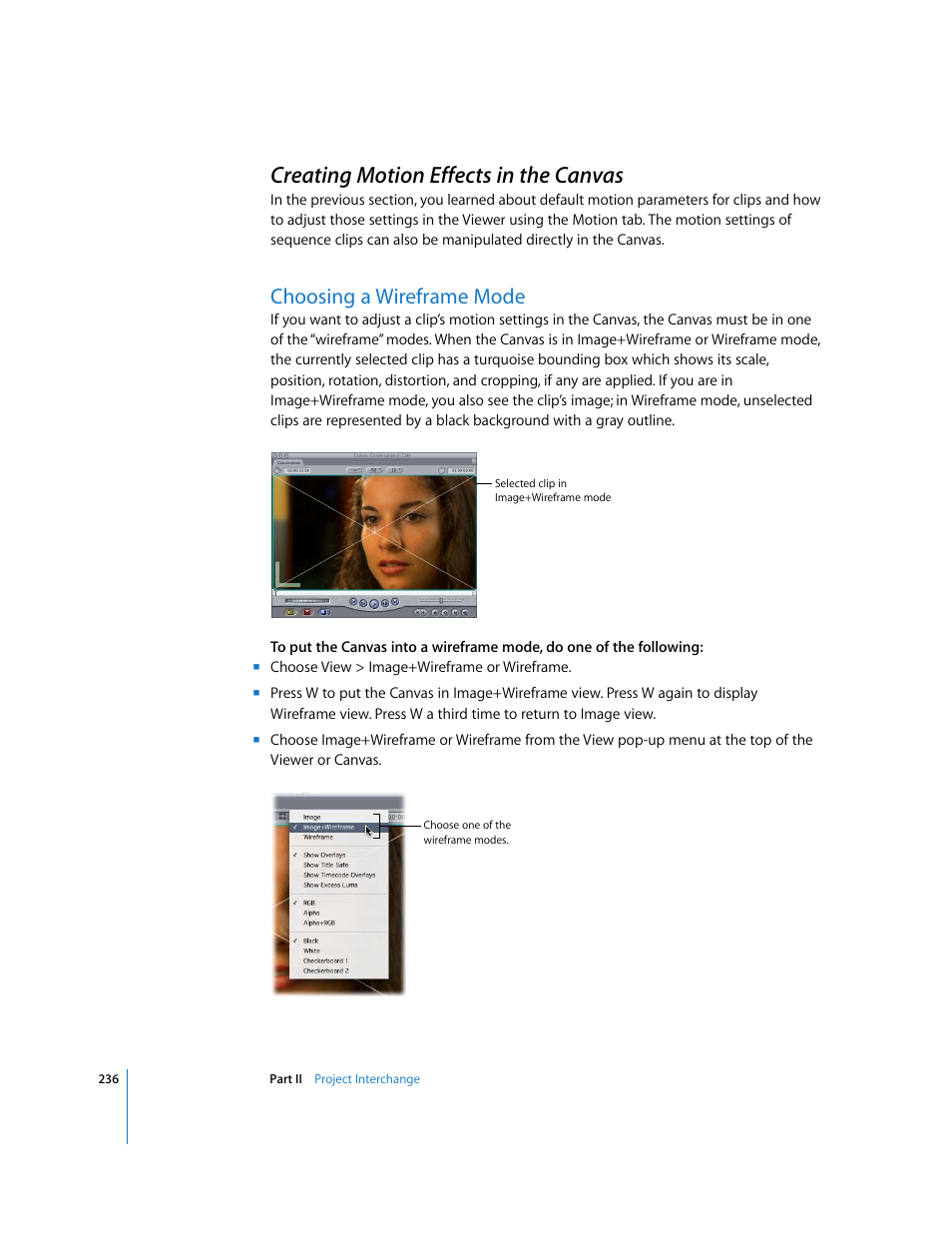 Creating motion effects in the canvas, Choosing a wireframe mode, P. 236) | Apple Final Cut Pro 5 User Manual | Page 1023 / 1868
