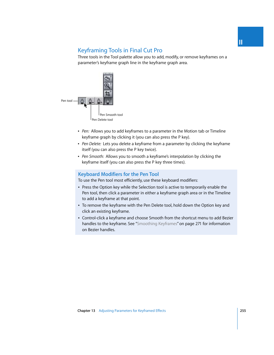Keyframing tools in final cut pro, Keyboard modifiers for the pen tool | Apple Final Cut Pro 5 User Manual | Page 1042 / 1868