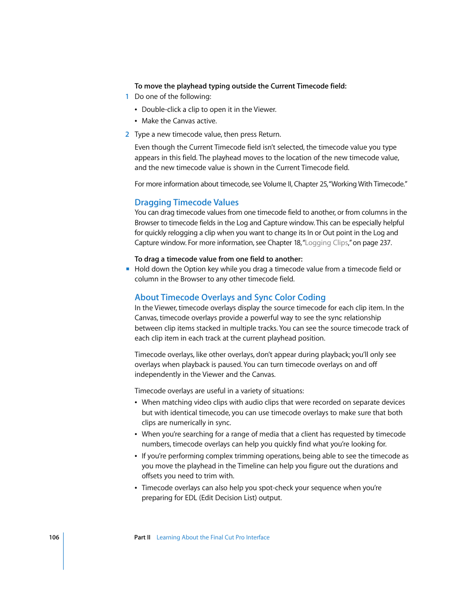 Dragging timecode values, About timecode overlays and sync color coding, About timecode | Overlays and sync color coding | Apple Final Cut Pro 5 User Manual | Page 107 / 1868