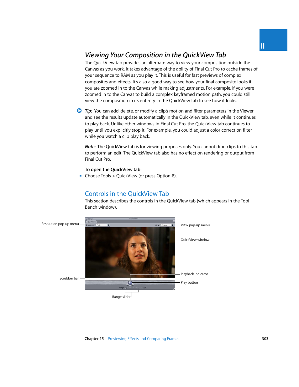 Viewing your composition in the quickview tab, Controls in the quickview tab, P. 303) | Apple Final Cut Pro 5 User Manual | Page 1090 / 1868